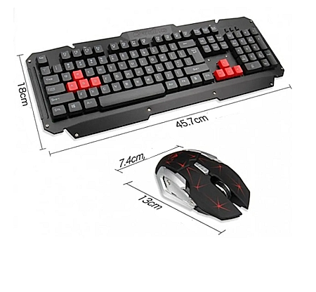 TECLADO Y MOUSE INALÁMBRICOS GAMER HK-6700 - SUPERFICIE METÁLICA - COLOR NEGRO TECLAS ROJAS PARA JUEGO - Imagen 3