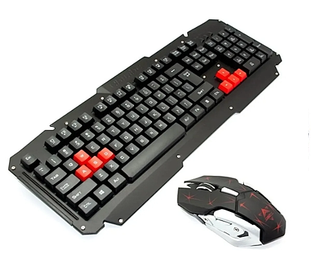 TECLADO Y MOUSE INALÁMBRICOS GAMER HK-6700 - SUPERFICIE METÁLICA - COLOR NEGRO TECLAS ROJAS PARA JUEGO