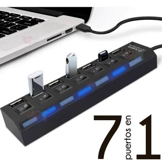 HUB USB DE 7 PUERTOS CQT-H072 - PUERTOS CON LLAVE DE CORTE Y LUZ INDIVIDUAL. USB2 480MBPS - ENTRADA MINI-PIN PARA 5V DE REFUERZO (NEGRO/BLANCO S/STOCK) - Imagen 2