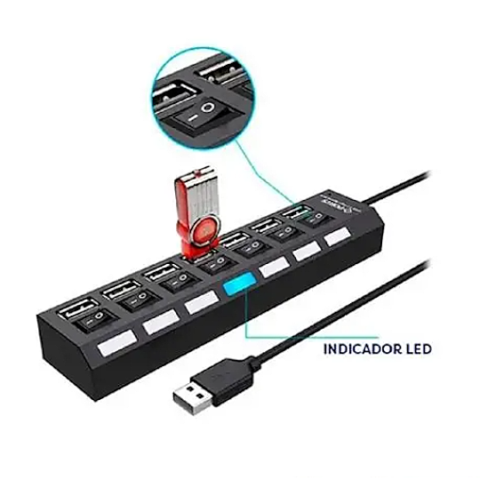 HUB USB DE 7 PUERTOS CQT-H072 - PUERTOS CON LLAVE DE CORTE Y LUZ INDIVIDUAL. USB2 480MBPS - ENTRADA MINI-PIN PARA 5V DE REFUERZO (NEGRO/BLANCO S/STOCK) - Imagen 3