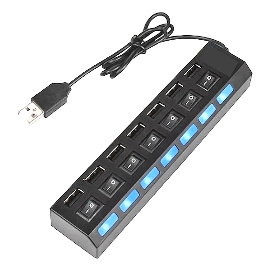 HUB USB DE 7 PUERTOS CQT-H072 - PUERTOS CON LLAVE DE CORTE Y LUZ INDIVIDUAL. USB2 480MBPS - ENTRADA MINI-PIN PARA 5V DE REFUERZO (NEGRO/BLANCO S/STOCK)