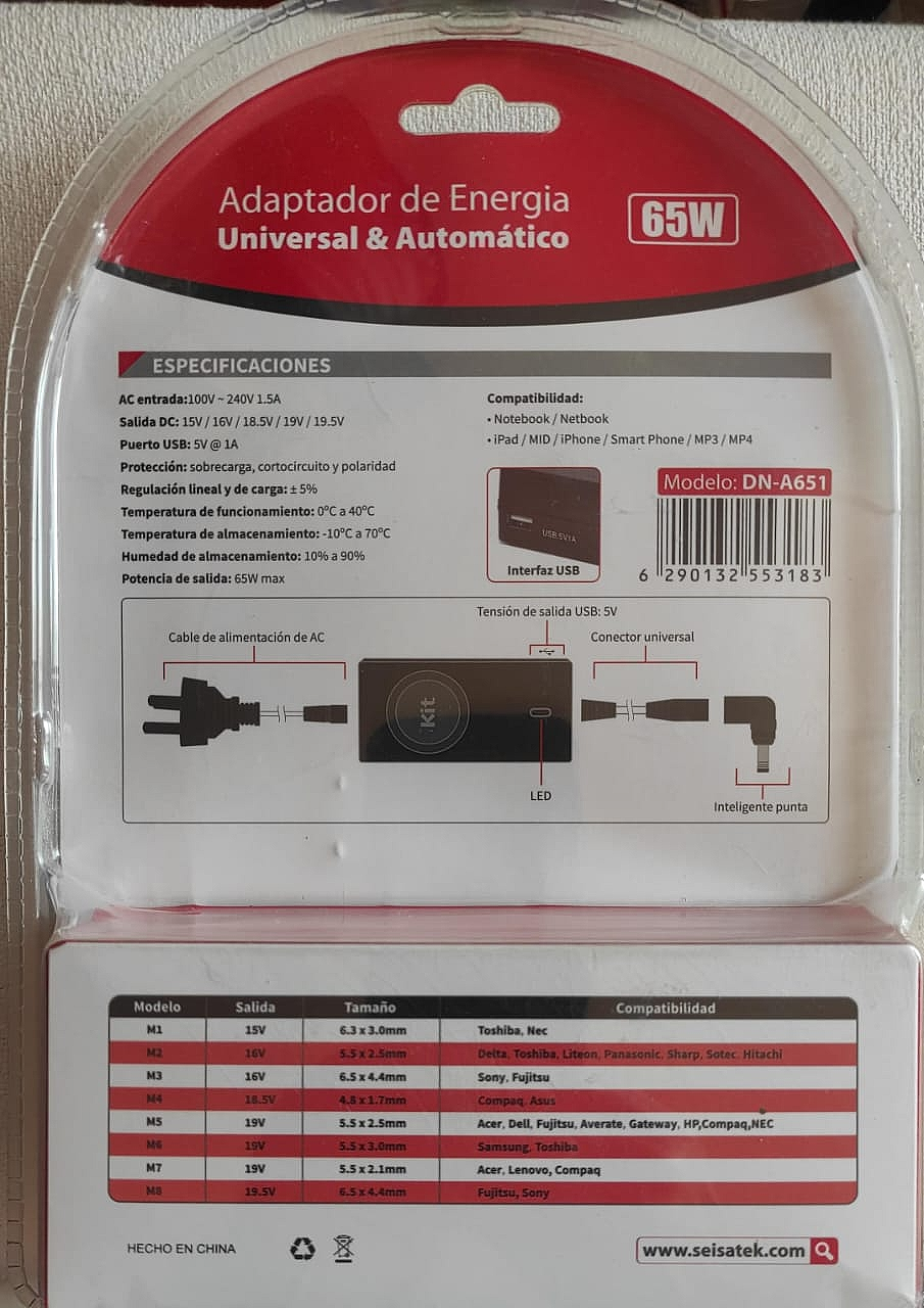CARGADOR NOTEBOOK UNIVERSAL KIT ND-A651 AUTOMÁTICO (15 A 19,5V) CON 8 FICHAS Y PUERTO USB - Imagen 2