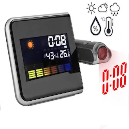 RELOJ DISPLAY COLOR CON PROYECTOR DE HORA. TIENE TEMPERATURA, HUMEDAD, PRONÓSTICO Y ALARMA