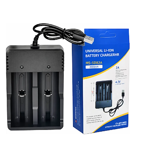 CARGADOR UNIVERSAL PARA 2 BATERÍAS DE LITIO  (TIPO 18650 o mas cortas) CONTACTO AJUSTABLE E INDICADOR DE CARGA COMPLETA. SE CONECTA A PUERTO O CARGADOR USB