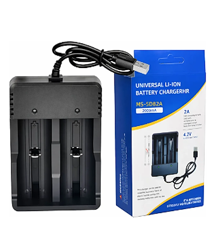 CARGADOR UNIVERSAL PARA 2 BATERÍAS DE LITIO  (TIPO 18650 o mas cortas) CONTACTO AJUSTABLE E INDICADOR DE CARGA COMPLETA. SE CONECTA A PUERTO O CARGADOR USB