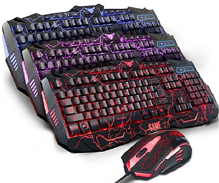 TECLADO USB KIT V-100 - MOUSE RGB CAMBIANTE - TECLADO ILUMINACIÓN R/G/B A ELECCIÓN CON NIVEL DE BRILLO Y PULSAR Y SUPERFICIE CRACKELADA - CABLES MALLADOS
